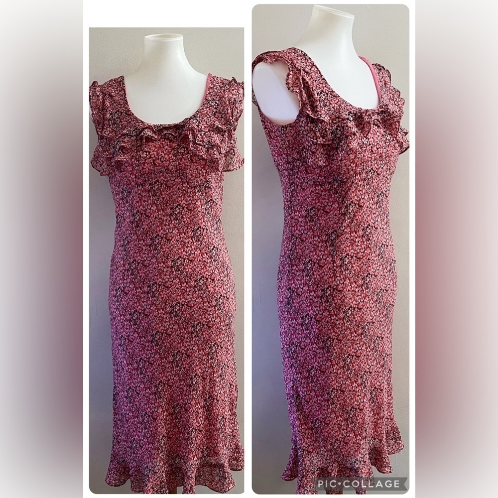 Expressions 90s Floral Ruffle Midi Dress in Pink and Black Office Coquette